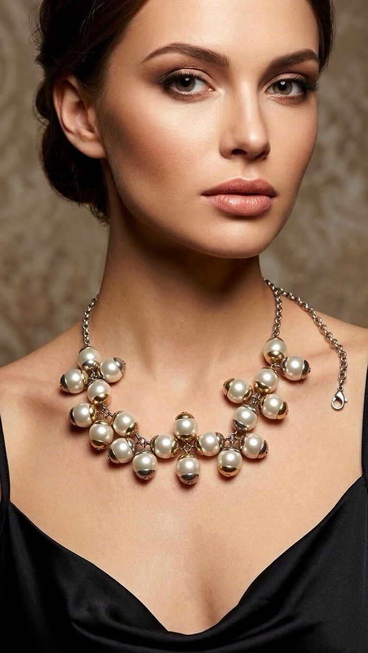 Silver Tone Cable Chain Statement Necklace Faux Pearl Cluster Adjustable 20 in